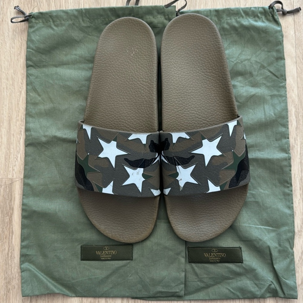 Valentino Army Green Camo Star Garavani Pool Slides with Shoe Dust Bags